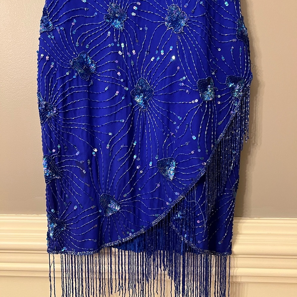Stenay Vintage Royal Blue Sequin Beaded Tassel Cocktail Dress 100% Silk - Picture 4 of 15
